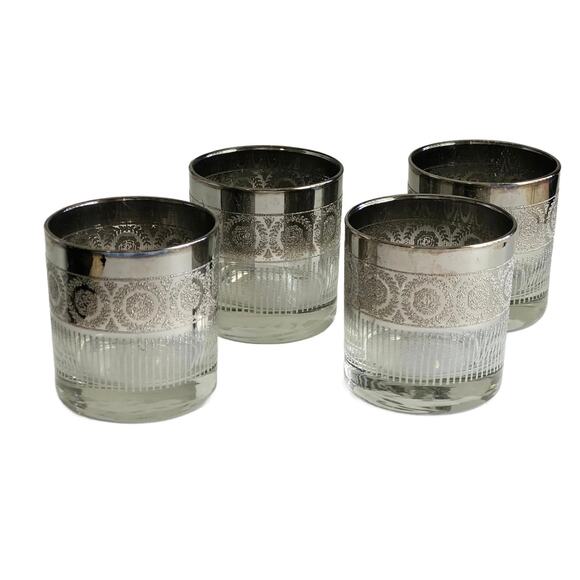 Mid Century Silver Fade Glitter Stripe Double Old Fashioned Glassware, Set of 4 - Picture 1 of 10